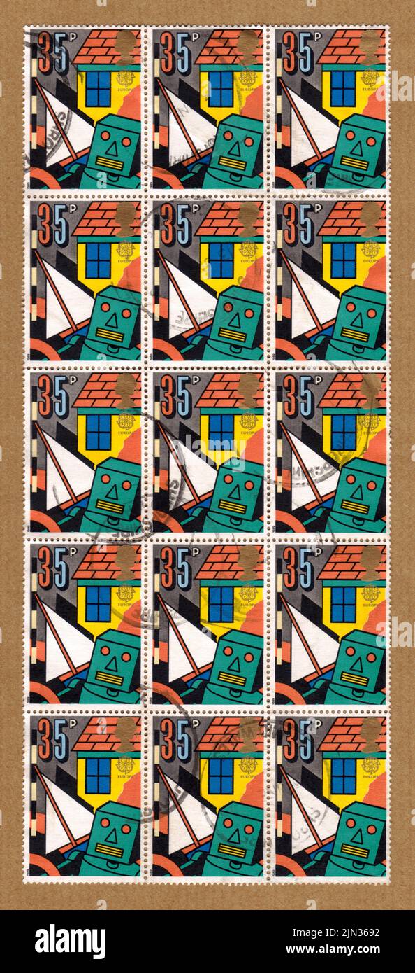 Large sheet of fifteen, tall format, British Royal Mail postal stamps. QE II, from the Europa stamps set 'children`s games' Designed by Dan Fern Stock Photo